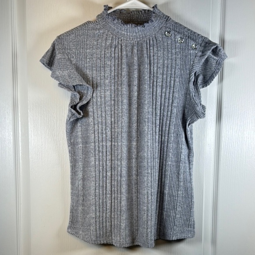 Adrienne Vittadini Gray Blue Flutter Sleeves Blouse Rhinestone Buttons Size Med